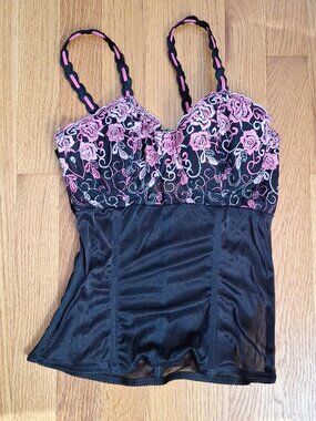 Sensual Mystique sheer black bustier, floral embroidery, black and pink, size S